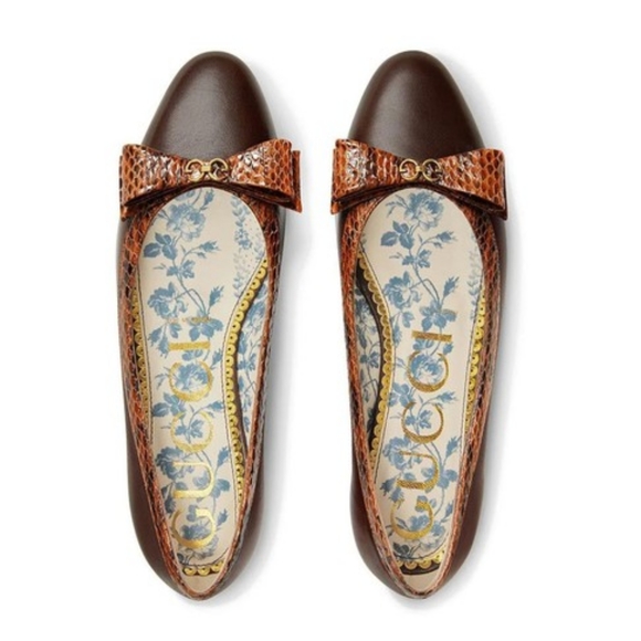 GUCCI Malaga Kid Elaphe Radiata Yva Leather GG Ballet with Snakeskin Bow - Picture 2 of 16